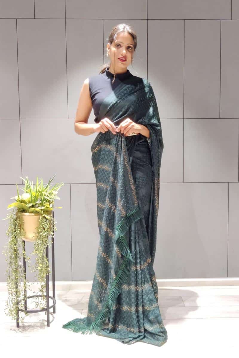 Green Georgette Brasso Swaroski Work Ready To Wear Saree With Metal Belt