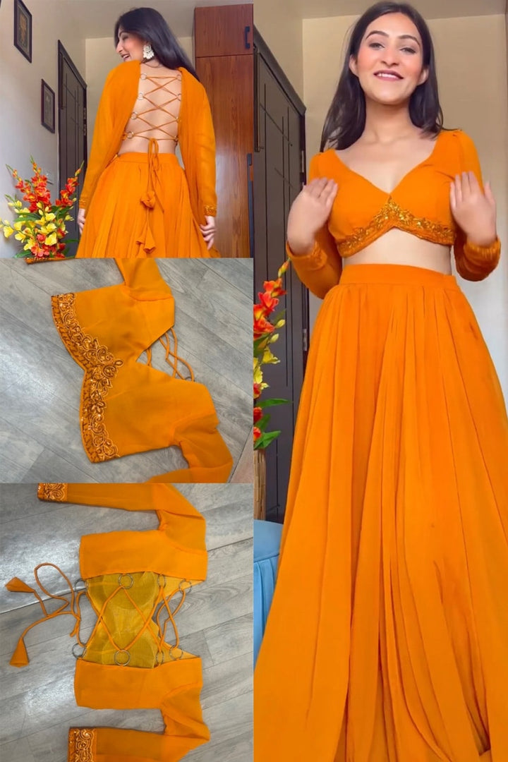 Full Flairy Full Stitched Orange Yellow Designer Georgette Lehenga Choli