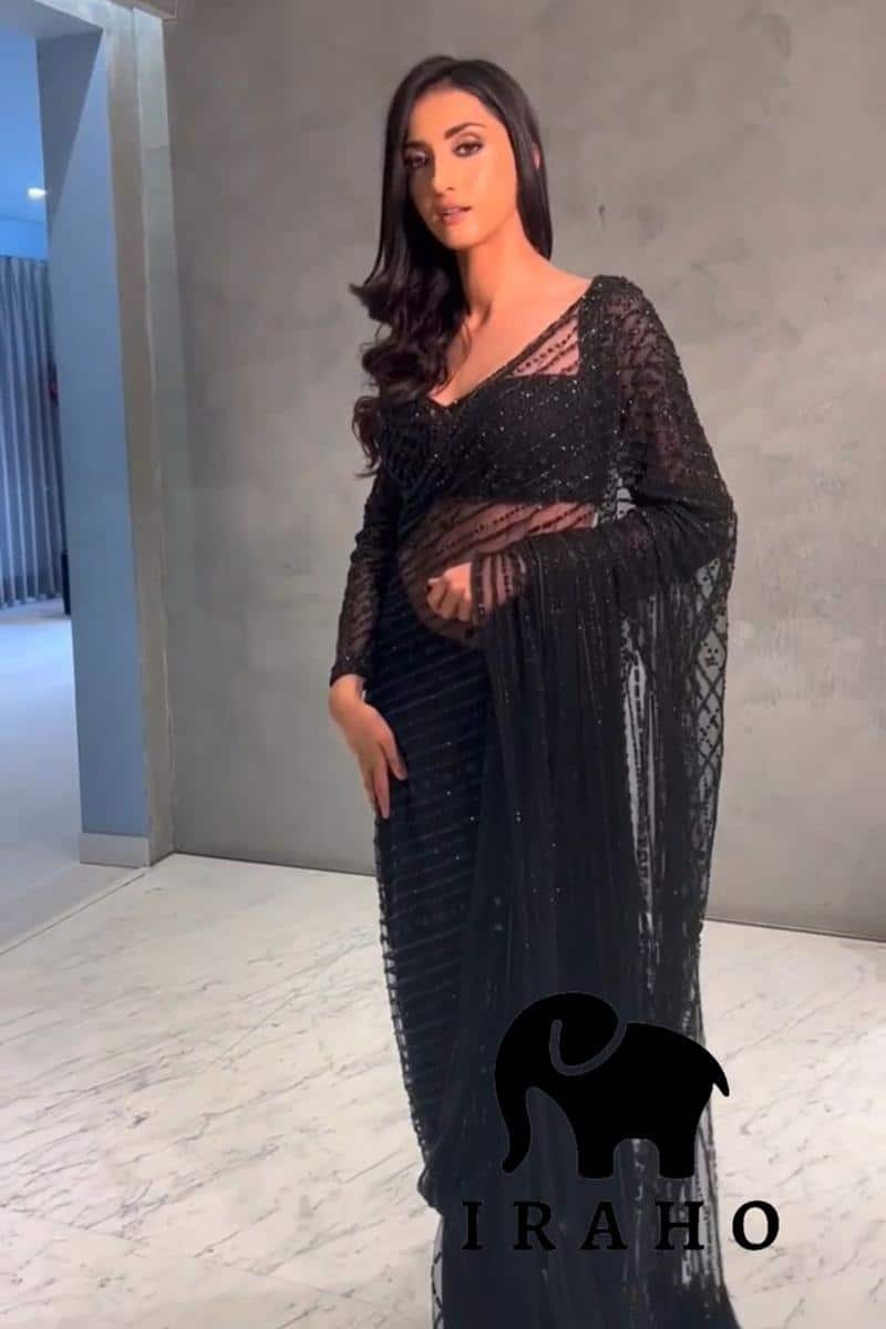 Black Soft Net With Heavy Sequence Saree With Tassels Border