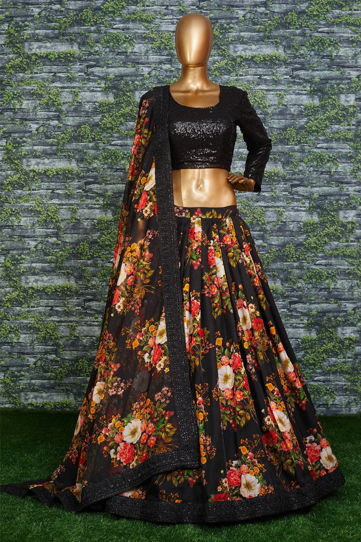 Black Organza Designer Floral Lehenga Choli