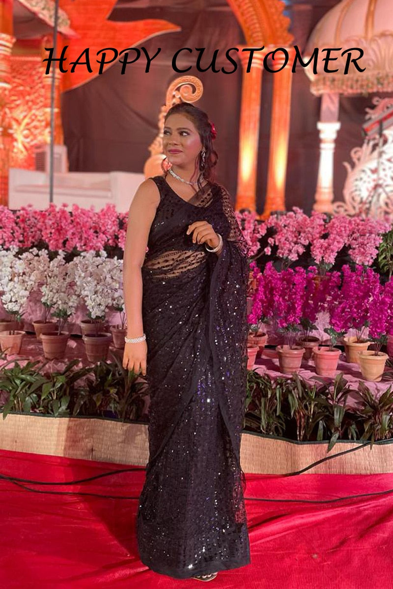 Black Soft Net With Heavy Sequence Saree With Tassels Border