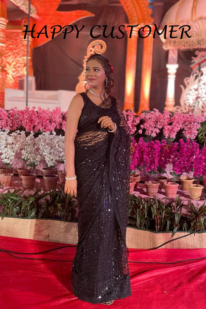 Black Soft Net With Heavy Sequence Saree With Tassels Border