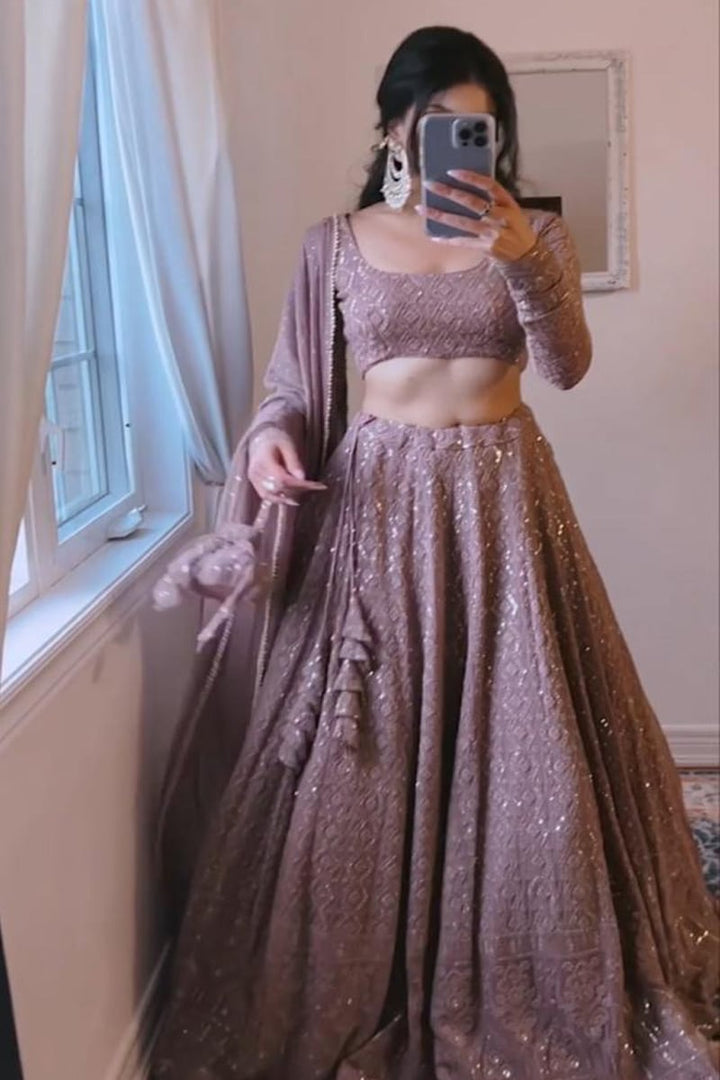 Dusty Chocolate Georgette Lucknowi Work Lehenga Choli