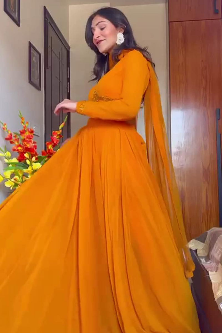 Full Flairy Full Stitched Orange Yellow Designer Georgette Lehenga Choli