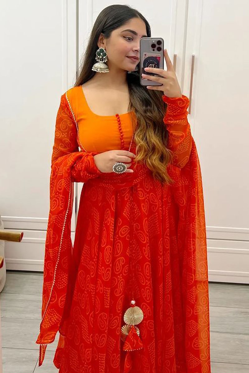 Orange Color Georgette Anarkali With Pant And Dupatta