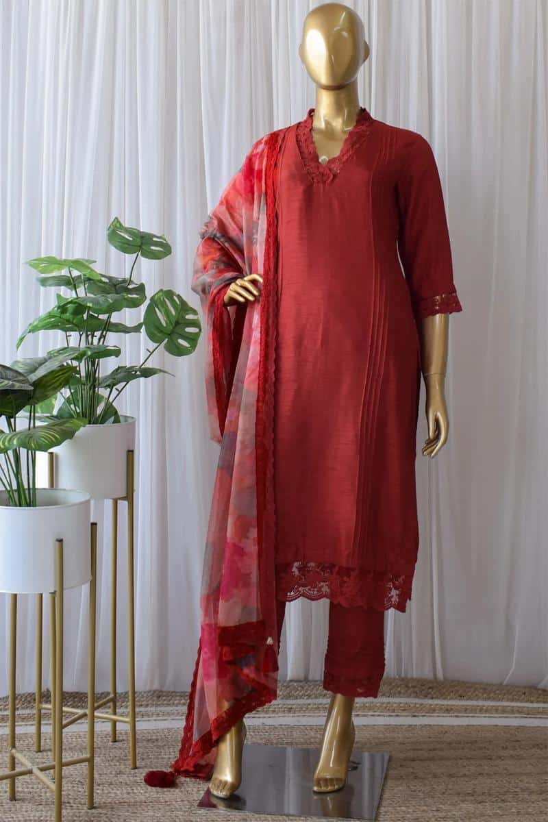 Red Soft Cotton Silk Kurti Pant With Dupatta