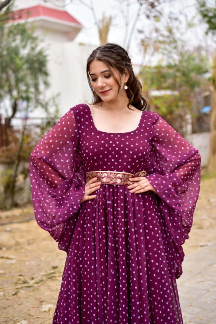 Purple Printed Balloon Sleeve Gown with Belt