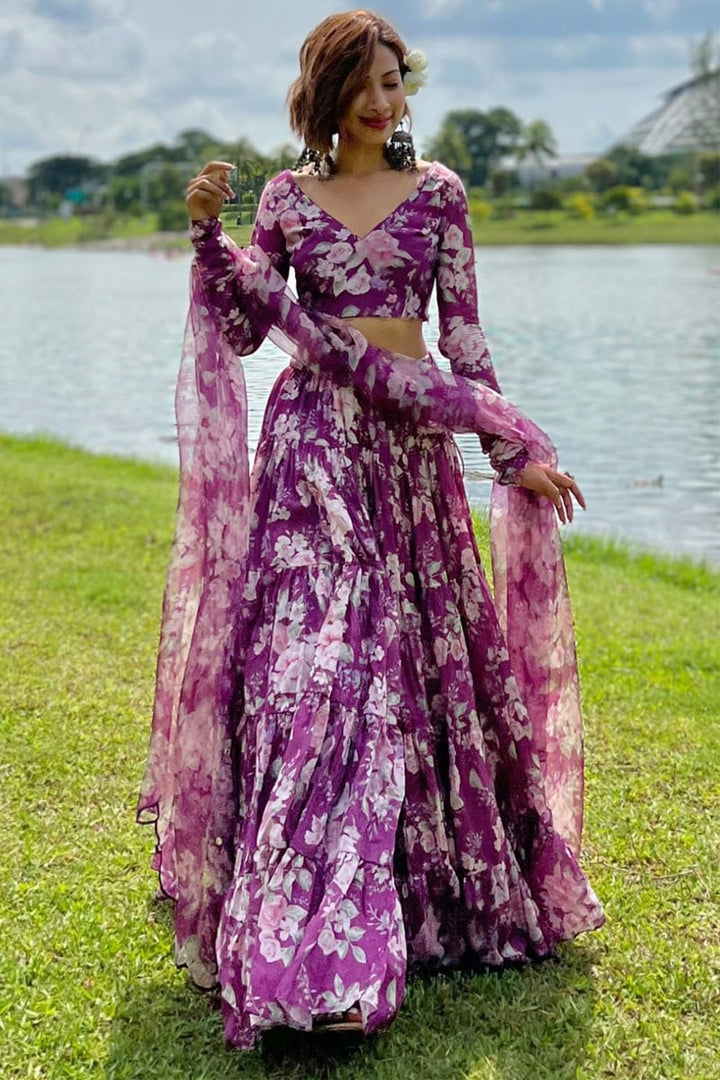 Isha Purple Flower Print Ruffle Lahenga Choli