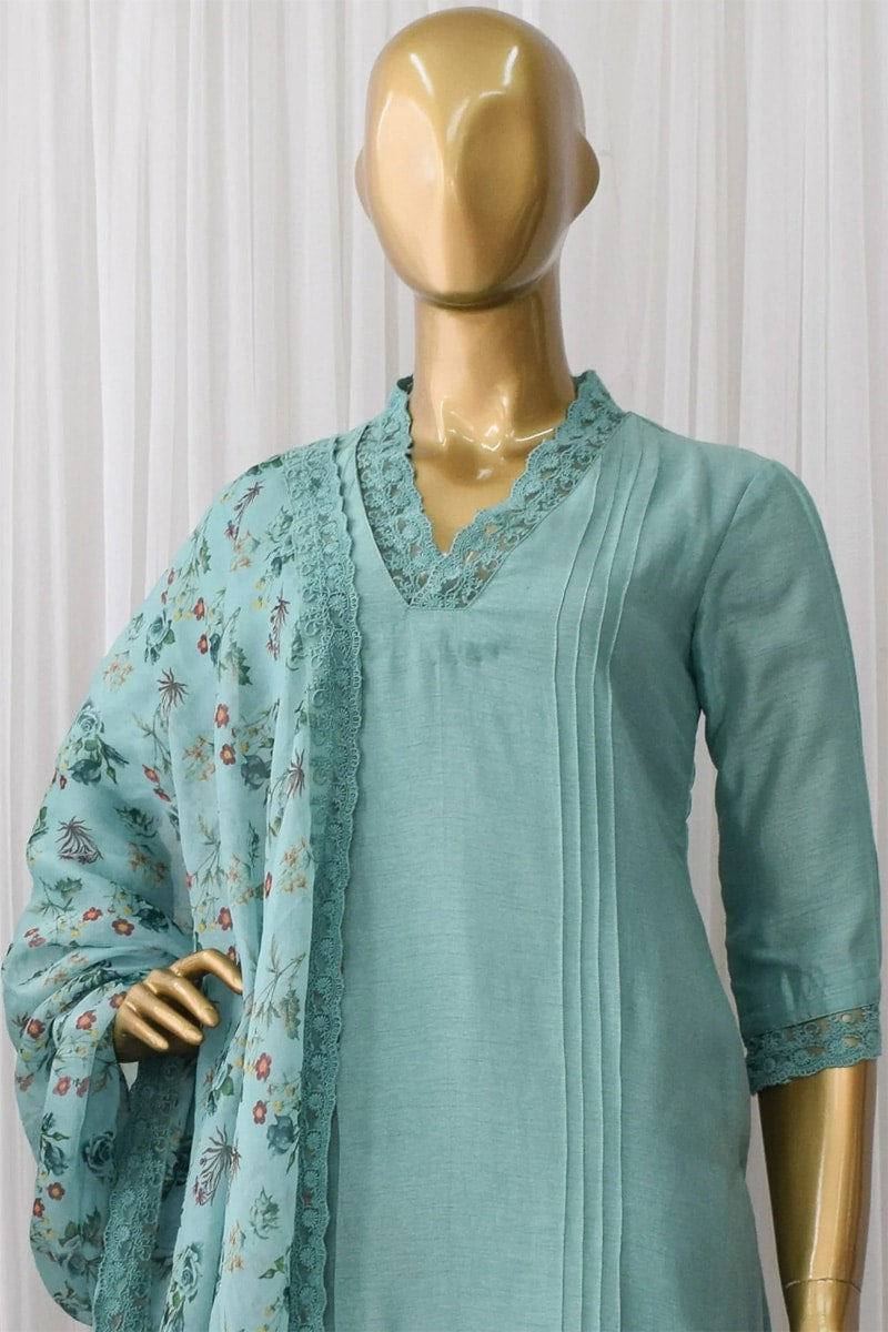 Pista Green Soft Cotton Silk Kurti Pant With Dupatta