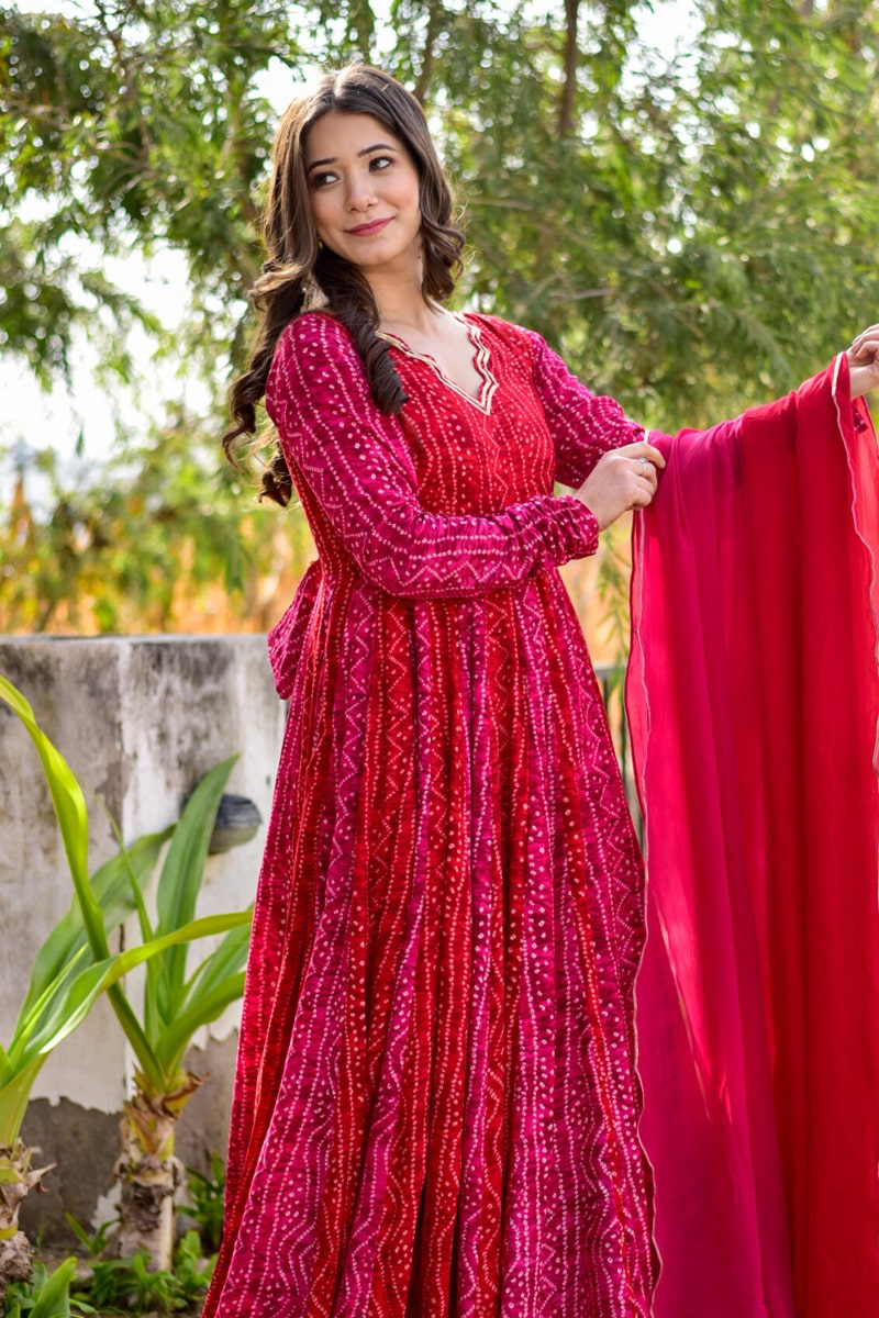 Pink Bandhej Gown with Dupatta