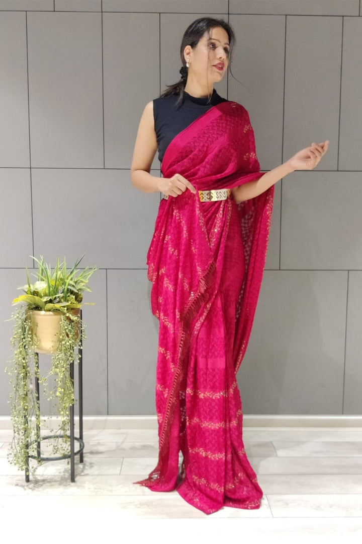 Pink Georgette Brasso Swaroski Work Ready To Wear Saree With Metal Belt