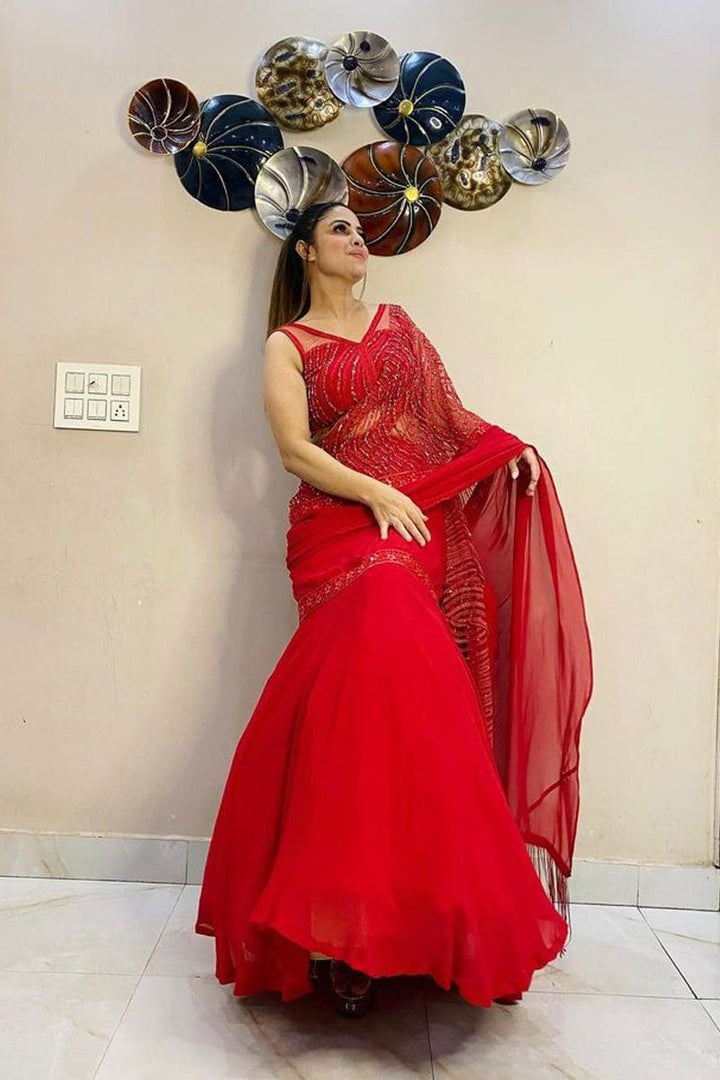 Red Designer Embroidery Soft Georgette Lehenga Saree With Attached Dupatta