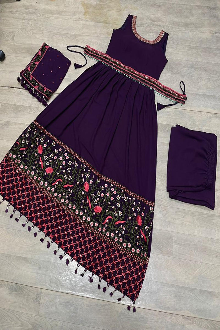 Wine Heavy Embroidery Thread Work Georgette Anarkali Suit