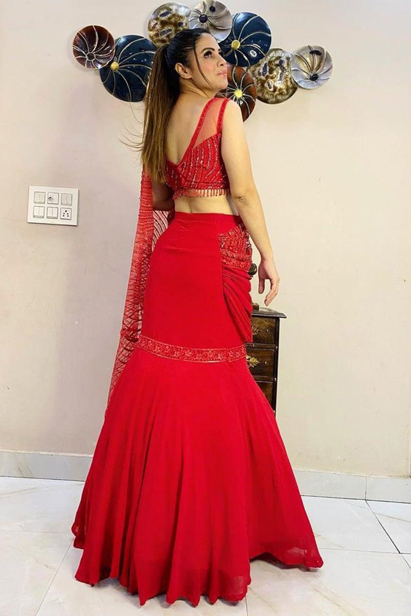 Red Designer Embroidery Soft Georgette Lehenga Saree With Attached Dupatta