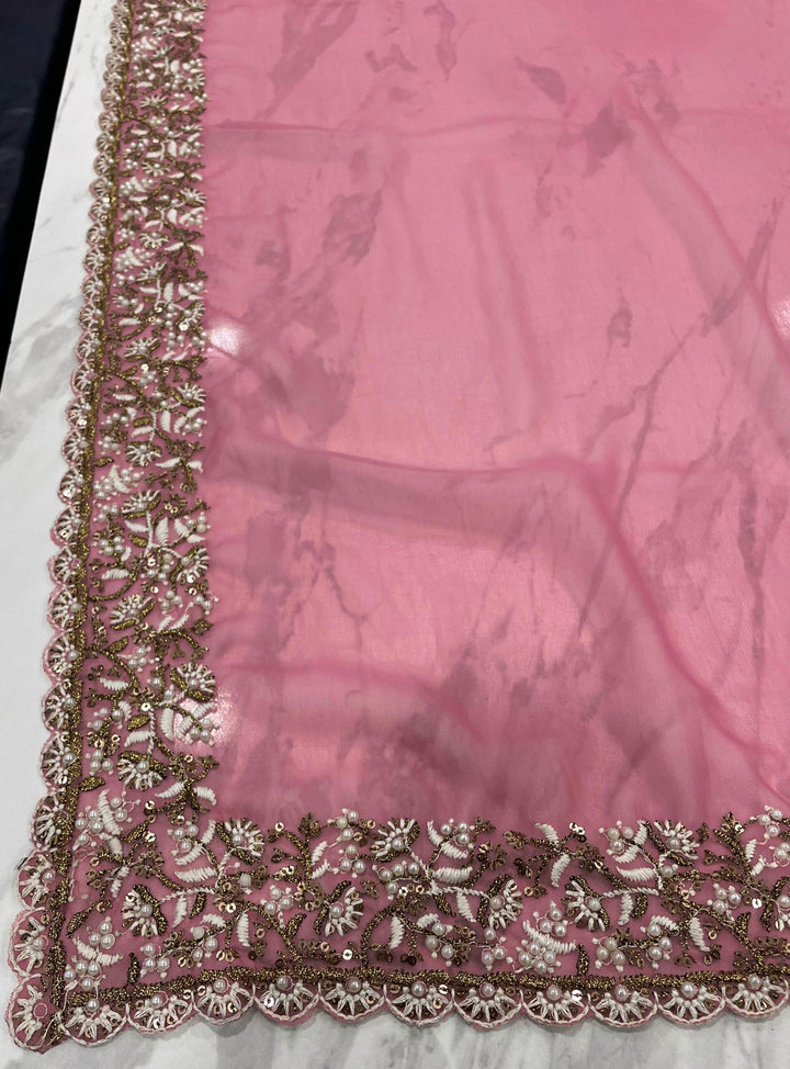 Pink Designer Embroidery Work Saree