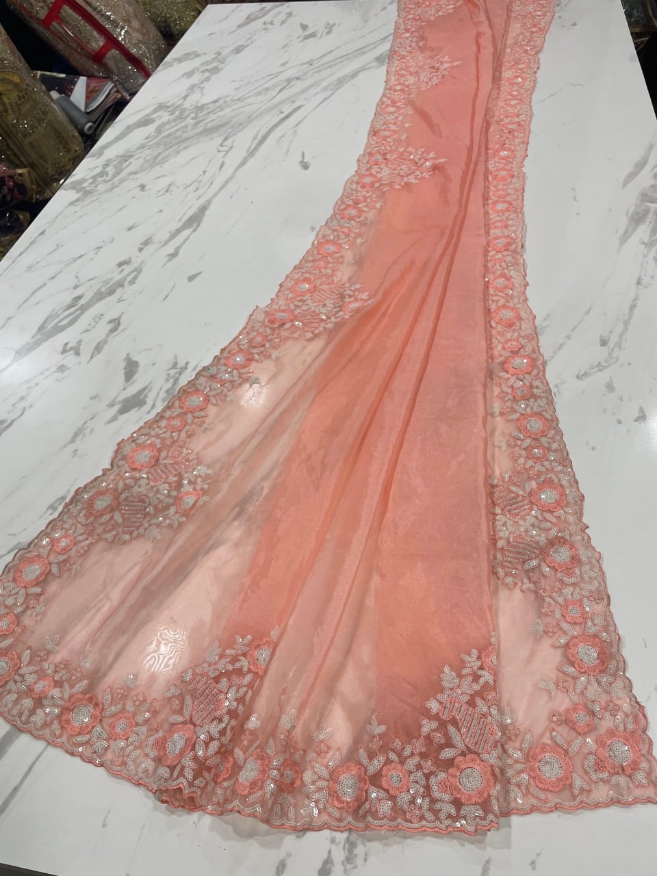 Designer Pinkish Peach Color Organza Saree