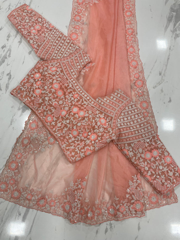 Designer Pinkish Peach Color Organza Saree