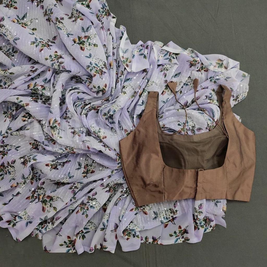 Floral Georgette Sequence Saree With Stitched Blouse