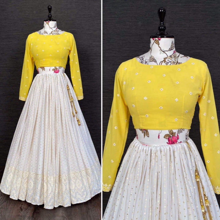 White Lucknowi Sequance Work Lehenga Choli