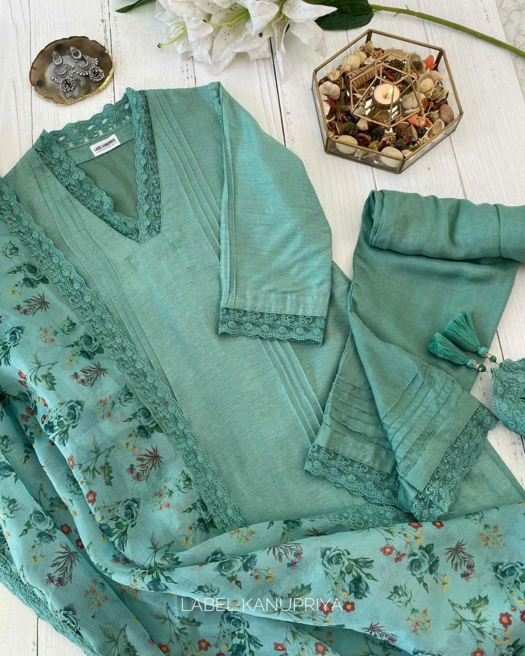 Pista Green Soft Cotton Silk Kurti Pant With Dupatta