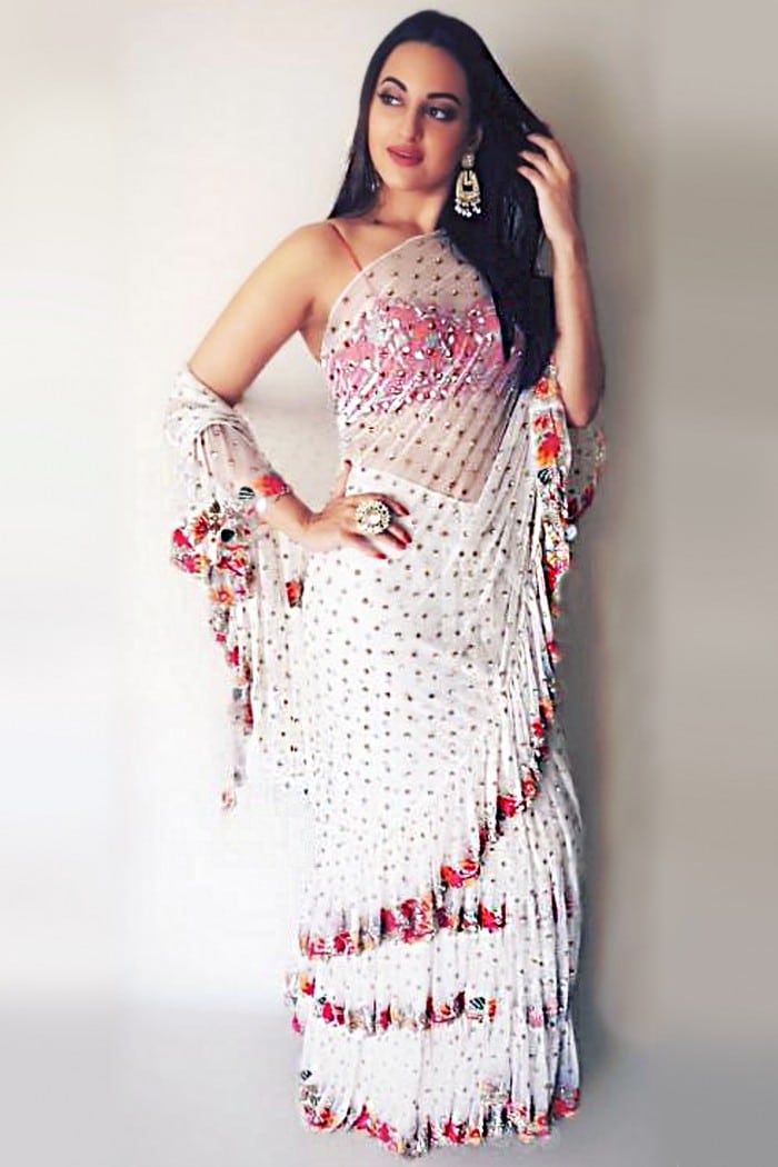 Sonakshi Sinha White Ruffle Saree