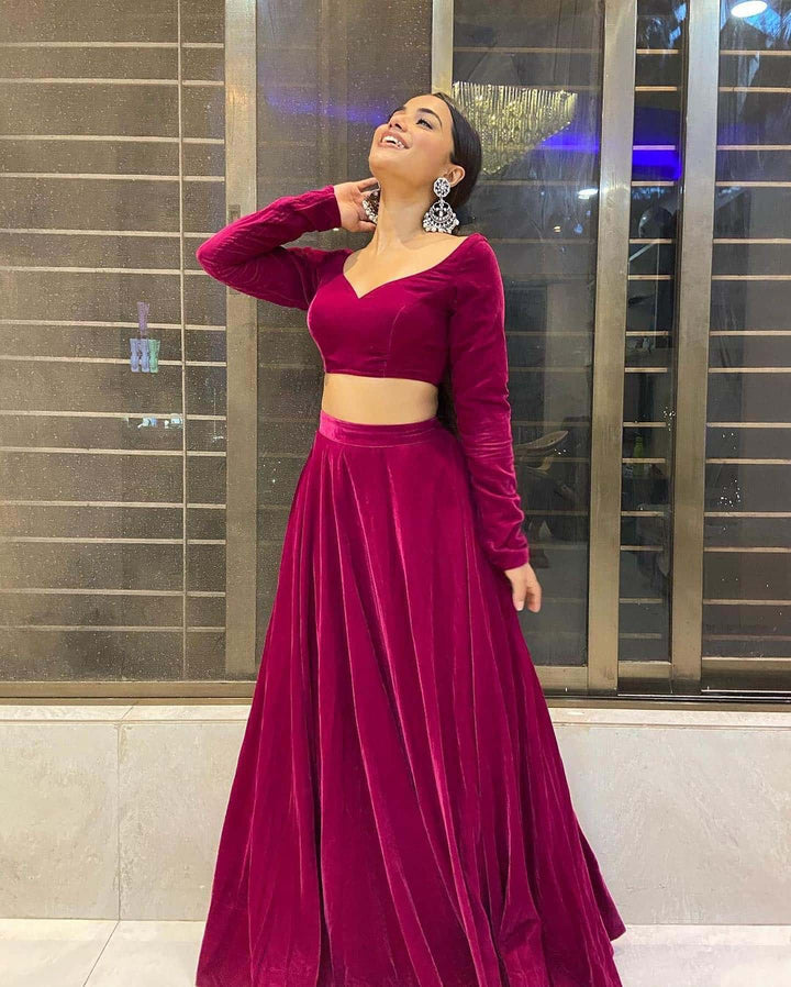 Wine Maroon Two Tone Welvet Lehenga Choli