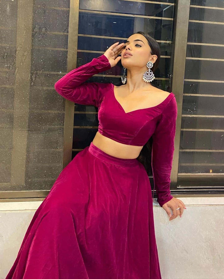 Wine Maroon Two Tone Welvet Lehenga Choli