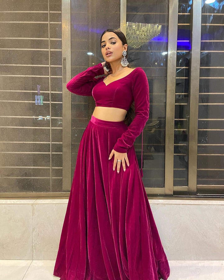 Wine Maroon Two Tone Welvet Lehenga Choli