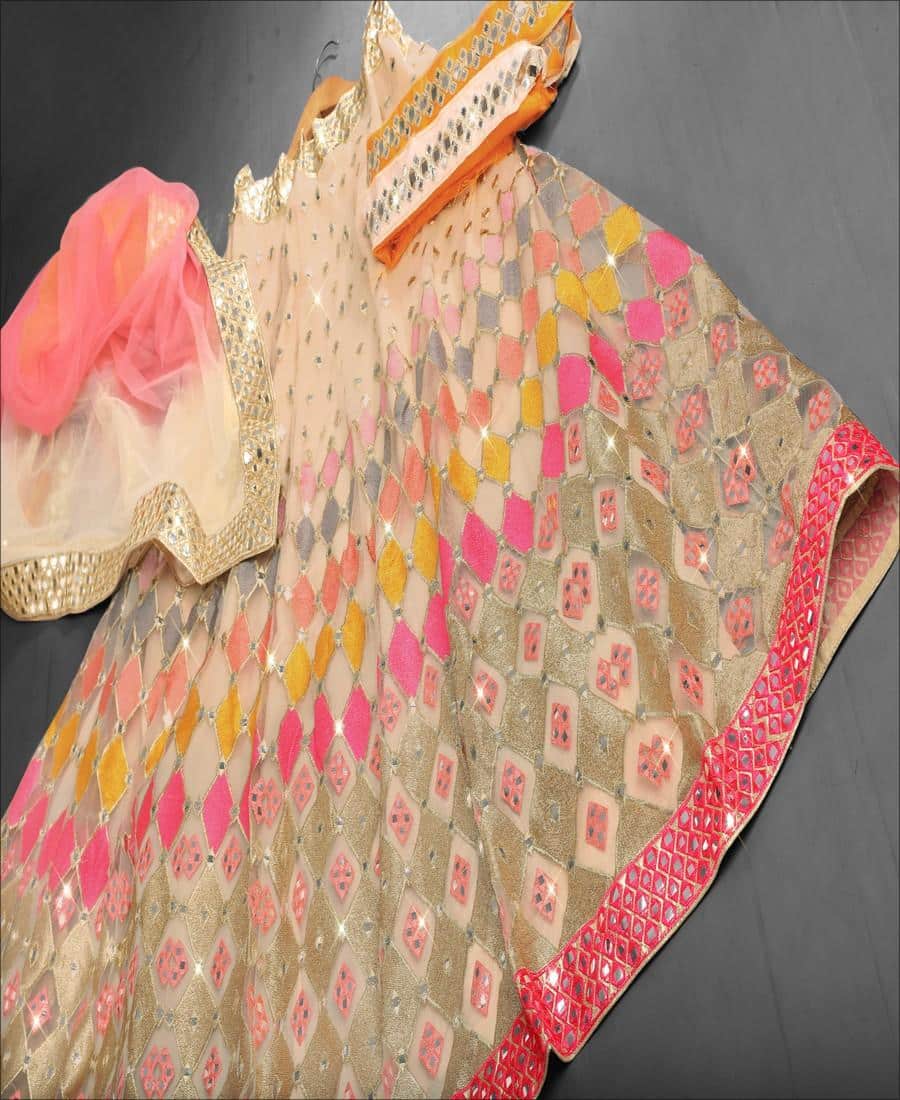 Multi Colored Butterfly Net Mirror Work Lehenga Choli