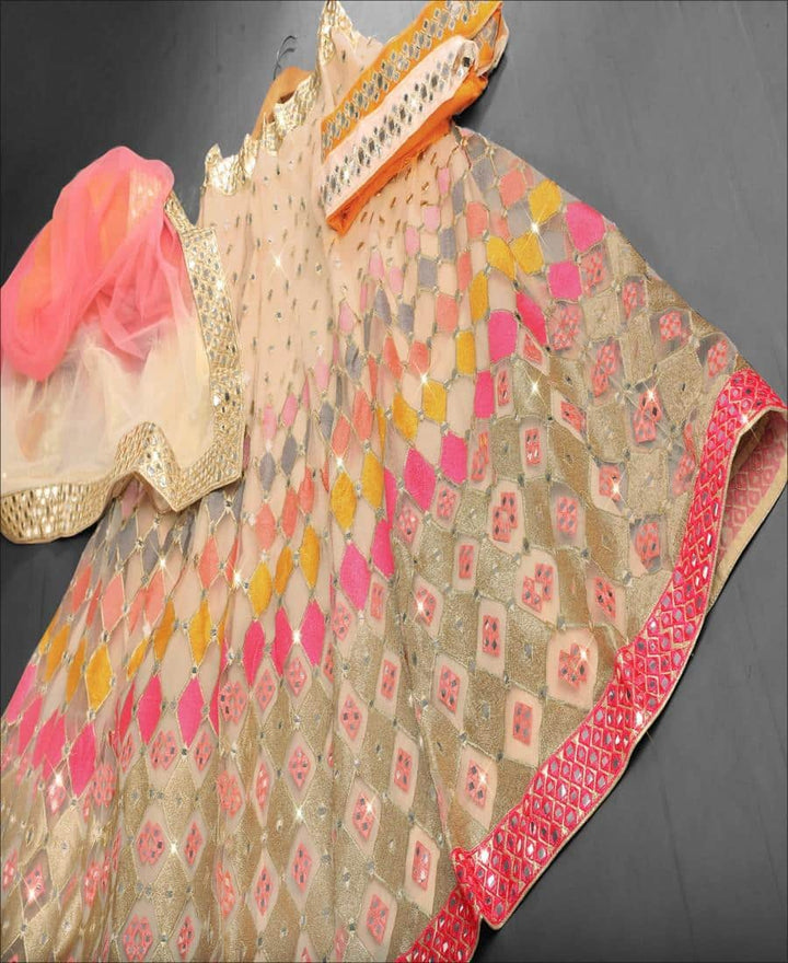 Multi Colored Butterfly Net Mirror Work Lehenga Choli