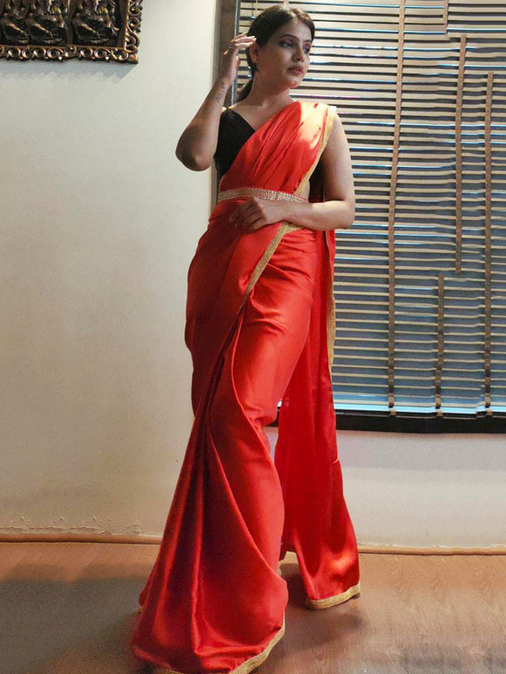 Red Satin Silk Festive Ready To Wear Saree With Belt