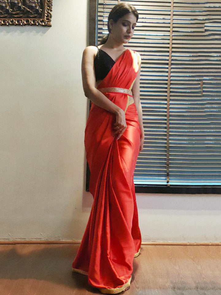 Red Satin Silk Festive Ready To Wear Saree With Belt