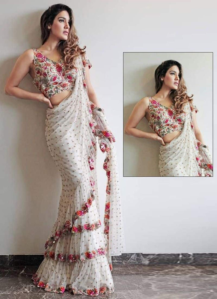 Sonakshi Sinha White Ruffle Saree