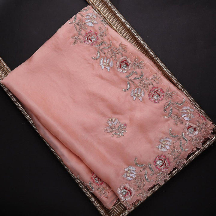 Peach Embroidery Organza Silk Saree