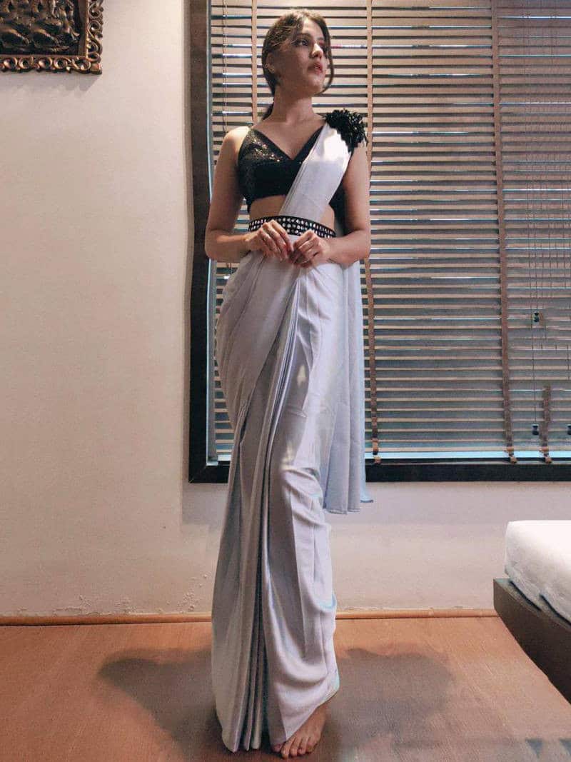 Gray Satin Silk Ready To Wear Saree With Belt